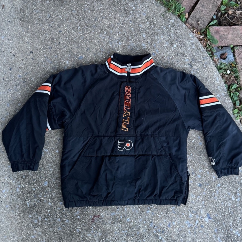 Vintage Starter NHL Philadelphia Flyers Pullover Jacket Black Orange Mens Medium